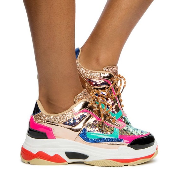 Colorblock Sequin Accent Lace Up Platform Sneaker - Picture 2 of 5